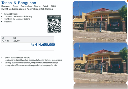 Dijual Tanah & Bangunan, Kawasan Pusat Perumahan, Dusun.Golek, Rt/Rw. Ds.Karangduren, Kec.Pakissaji, Kab.Malang – Jawa Timur: 477/250 M2, BISA KPR!
