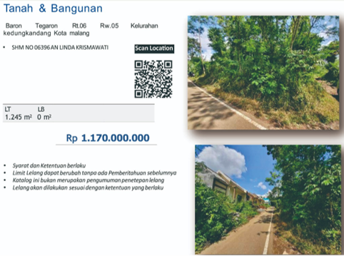 Dijual Tanah & Bangunan, Baron Tegaron Rt/Rw:06/05, Kel.Kedungkandang, Kota.Malang – Jawa Timur: SHM, 1245 M2.