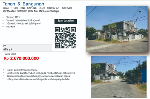 Dijual Tanah & Bangunan, Jalan Teluk Etna Kavling 153/II, Kel.Arjosari, Kec.Blimbing, Kota.Malang – Jawa Timur: SHM, 1245 M2, BISA KPR!